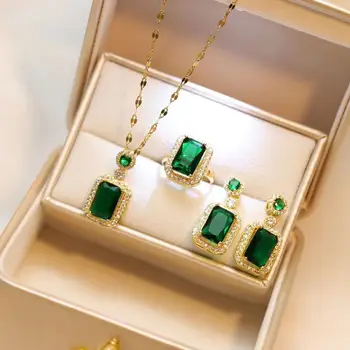 3-piece Set de Moda de Lux Emerald Sticla de Parfum Colier Cercei Inel de Nunta Banchet Set de Bijuterii pentru Femei, Cadou de Ziua de nastere